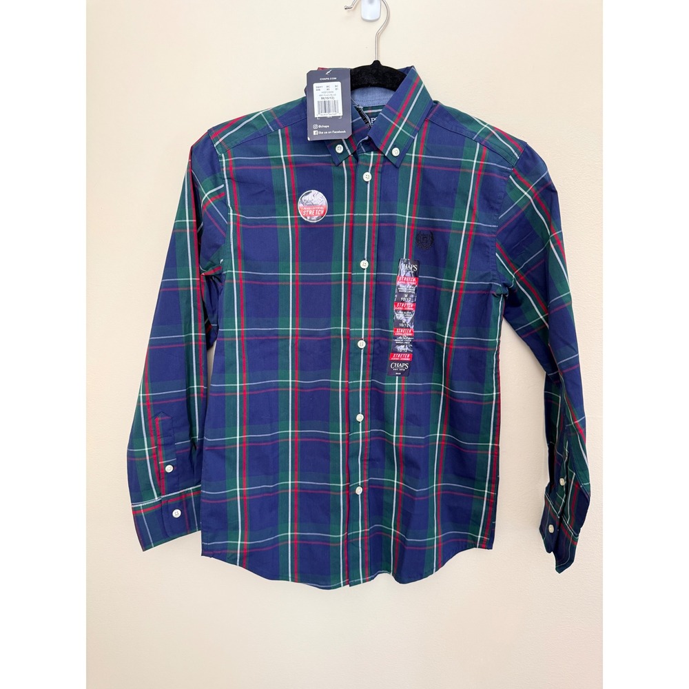Chaps Boys Stretch Long Sleeve Button Down Shirt Plaid Blue Green M 10/12 NWT